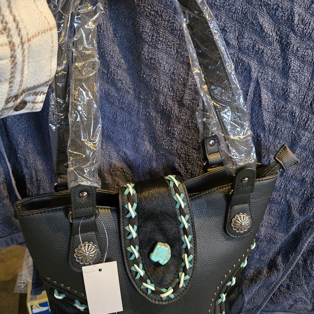 Elegant Black Tote with Turquoise Accents